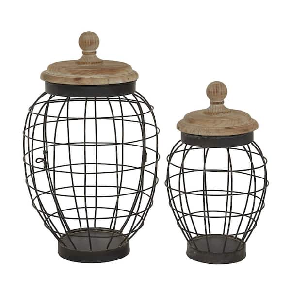 Black Metal Caged Style Decorative Jars with Wood Lids (Set of 2)