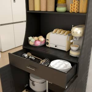 Black Wood 71 in. H Kitchen Pantry Cabinet with with 2 Cabinet, Large Storage Drawer & Large Countertop