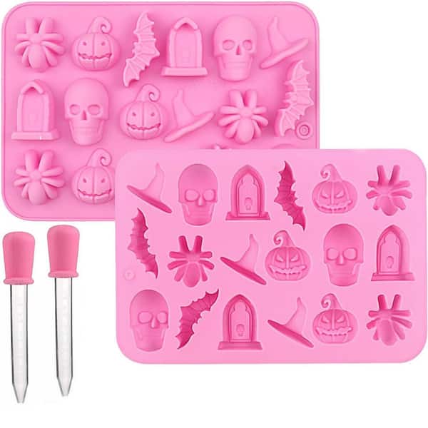 2-Pack Halloween 3D Silicone Molds, Skull Pumpkin Bat Ghost Witch Hat Spider Tombstone Chocolate Gummy Molds