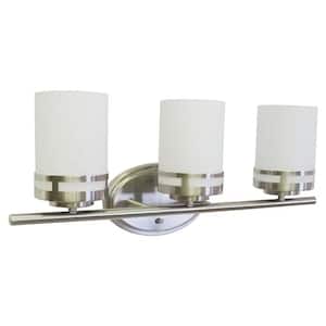22 in. 3-Light Brushed Nickel Vanity with Frosted Glass Shades with LED Bulbs Included