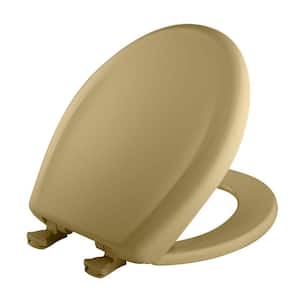 Soft Close Round Plastic Closed Front Toilet Seat in Harvest Gold Removes for Easy Cleaning and Never Loosens