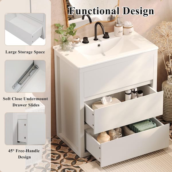 Harbor 30 in. Freestanding Single Sink Bath Vanity in White with White Ceramic Top and Basin Unassembled