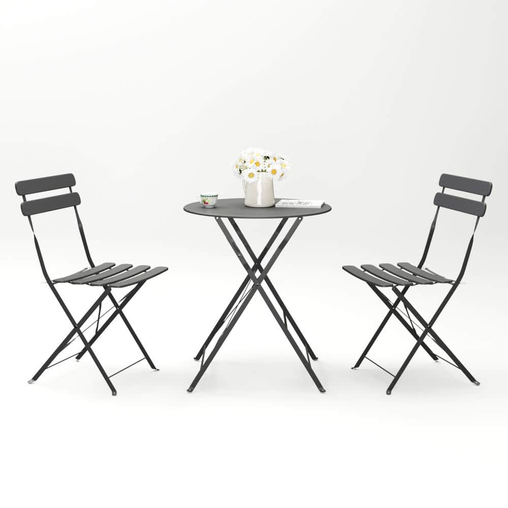 Gray 3-Piece Folding Metal Outdoor Bistro Balcony Chair Table Set with 2-Wh