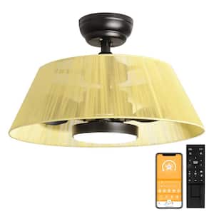 21 in. LED Modern Indoor Black and Gold Semi Flush Mount Ceiling Fan Light with Remote and App Control with Rattan Shade