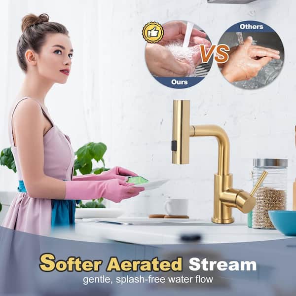 3 Modes Single Handle Stainless Steel Waterfall Bar Faucet with Pull Down Sprayer and Deckplate in Brushed Gold