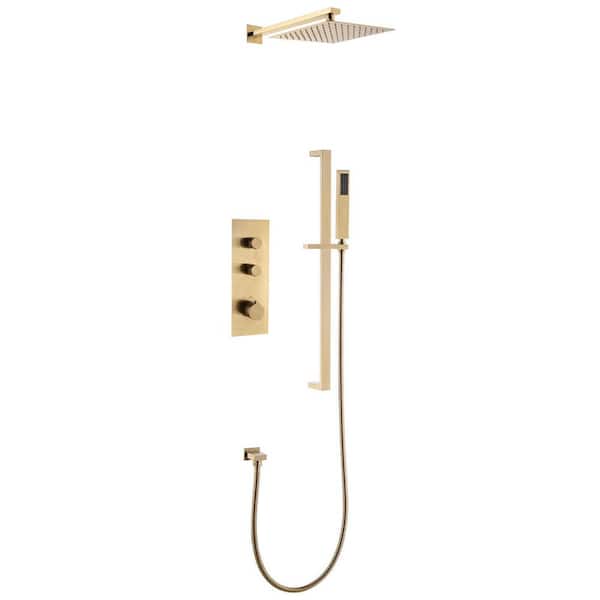 1-Spray 10 in. Thermostatic Rain Dual Shower Head Wall Mount Fixed and Handheld Shower Head 1.5 GPM in Brushed Gold