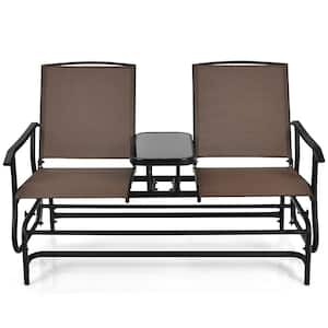 1-Piece Metal Patio Conversation Rocking Loveseat with Mesh Fabric and Center Tempered Glass Table-Brown