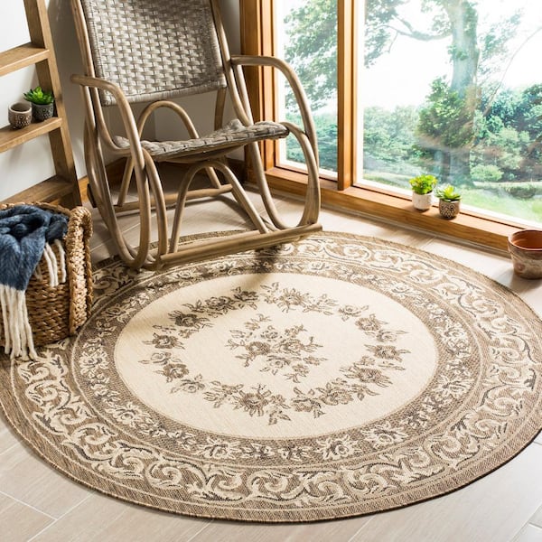 Courtyard Cream/Brown 7 ft. x 7 ft. Round Border Indoor/Outdoor Patio  Area Rug