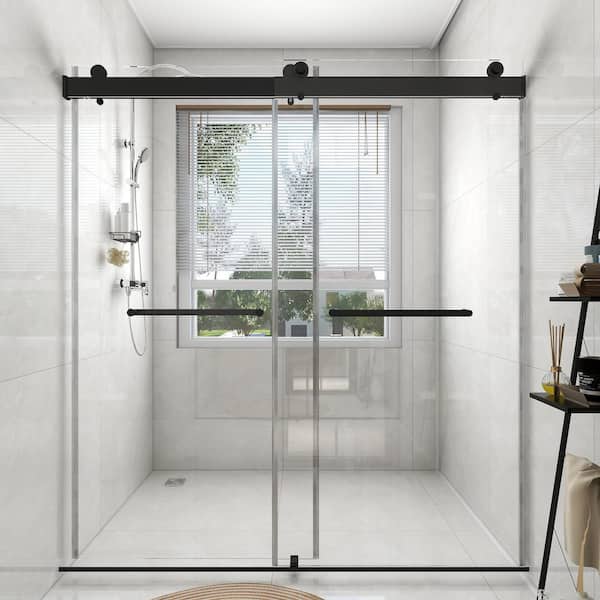 EPOWP 48 in. W x 76 in. H Double Sliding Frameless Shower Door in Matte Black Finish with Clear Glass