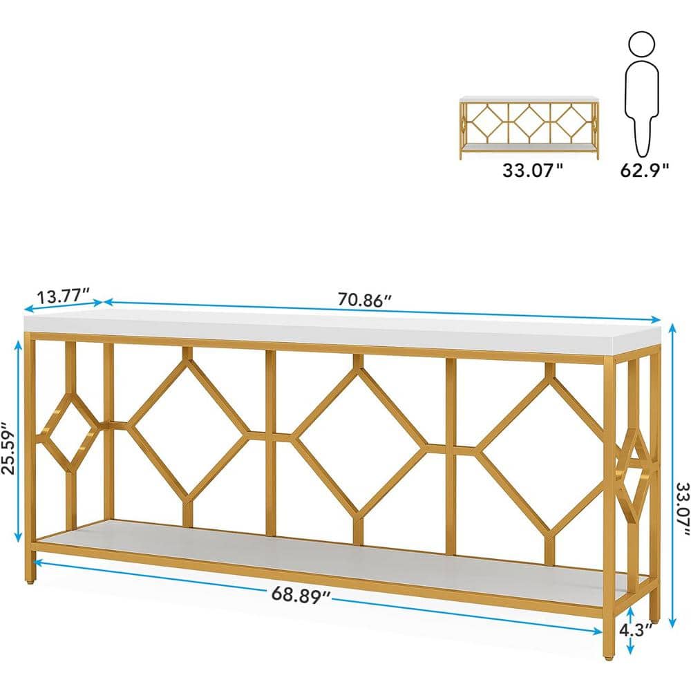 White and Gold 71" Wood and Metal Console Table with Storage