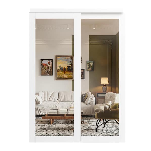 TENONER 60 in. x 80 in. White MDF Sliding Door with Double Mirrored 1 Panel Glass, All Hardware
