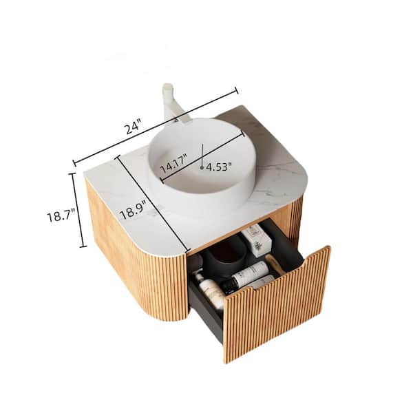 24 in. Floating Natural Bath Vanity with White Ceramic Top and White Ceramic Basin