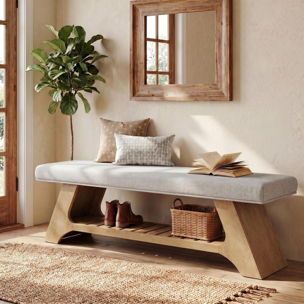 Rita 55 in. Natural Brown Solid Wood Bench with Storage Shelf, Upholstered Entryway Bench Soft Padded Bench End of Bed