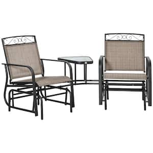 3-Piece Brown Metal Outdoor Glider Chairs with Coffee Table, Patio Rocking Chair Swing