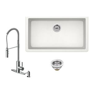 All-in-One Undermount Quartz Composite 33 in. 0-Hole Single Bowl Kitchen Sink with Pull Down Faucet in Alpine White