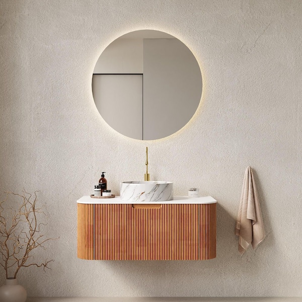 36 in. Single Sink Wall Mounted Natural Bath Vanity with White Stone Top and Drawer Storage Cabinet Assembled