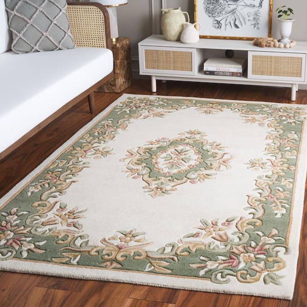 Aubusson 5 ft. x 8 ft. Ivory/Green Floral Area Rug
