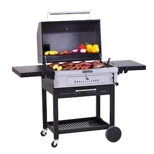 Cart-Style Charcoal Grill in Black with Foldable Side Shelves