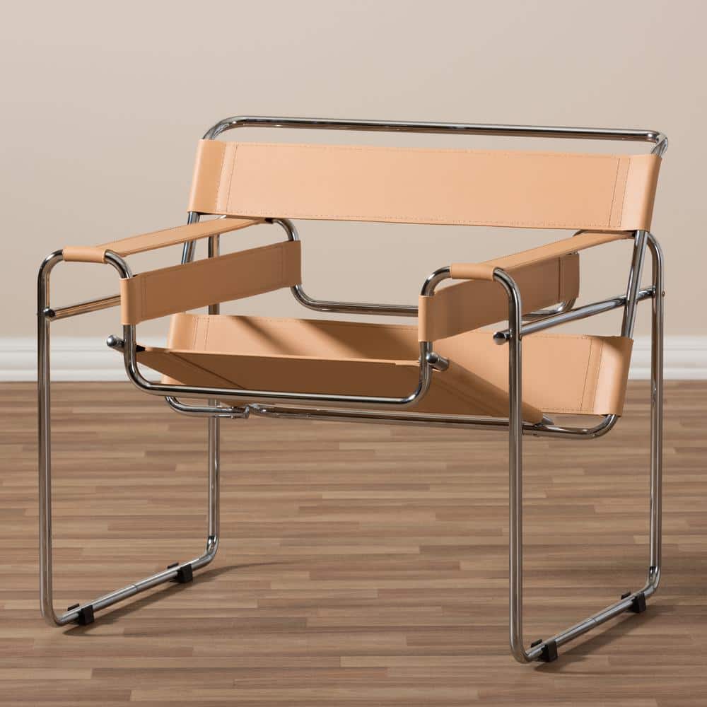Mid-Century Tan Leather and Chrome Metal Accent Chair