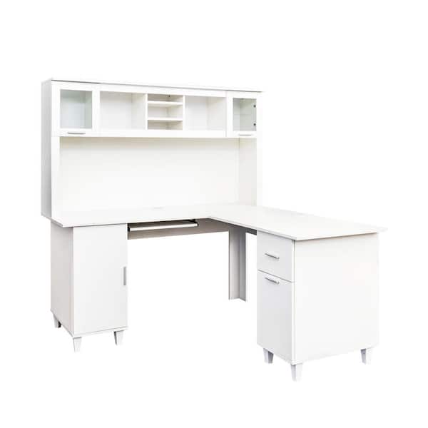 CSC DECOR INC 60 in. L Shaped White Particle Board 1-Drawer Home Office Computer Desk with Hutch Writing Desk with Shelves and Doors