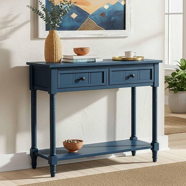 Polibi 35.50 in. Dark Navy Rectangle Solid Wood Console Table with