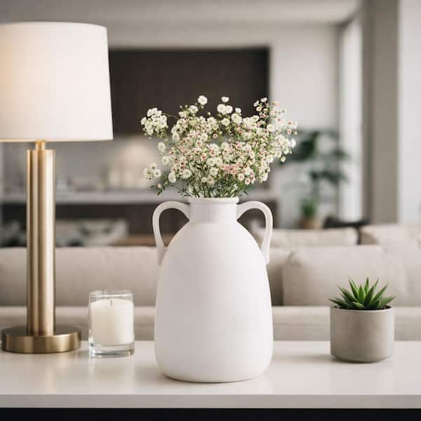 10 in. White Ceramic Amphora Decorative Vase with Dual Side Handles