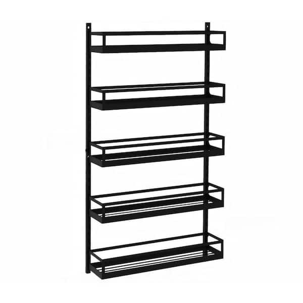 5-Tier Black Wall Mount Spice Rack with Hooks, Adjustable Hanging Spice Shelf Storage for Kitchen Pantry Cabinet