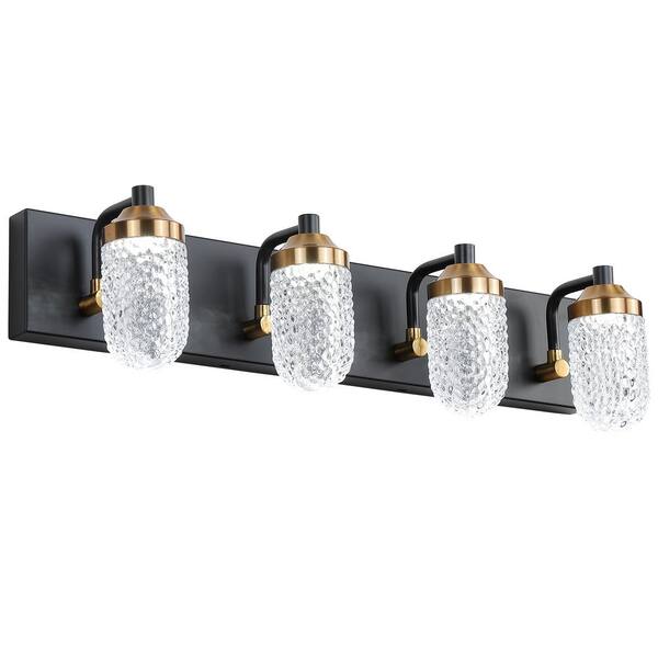 Logmey 24.8 in. 4-Light Matte Black Bathroom Vanity Light Farmhouse Wall Sconce with Clear Seeded Glass Shade