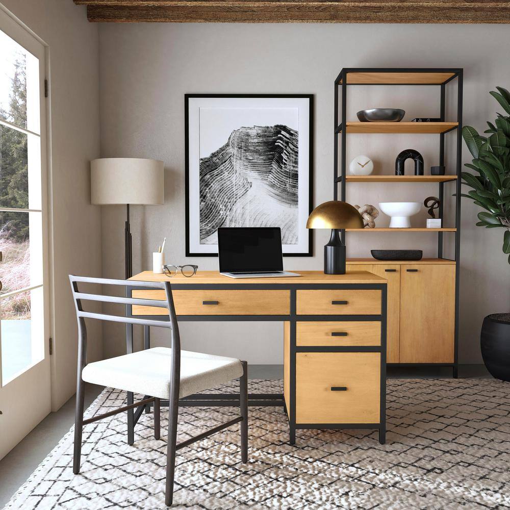 Hans 48" Natural Wood and Black Storage Desk with Filing Cabinet