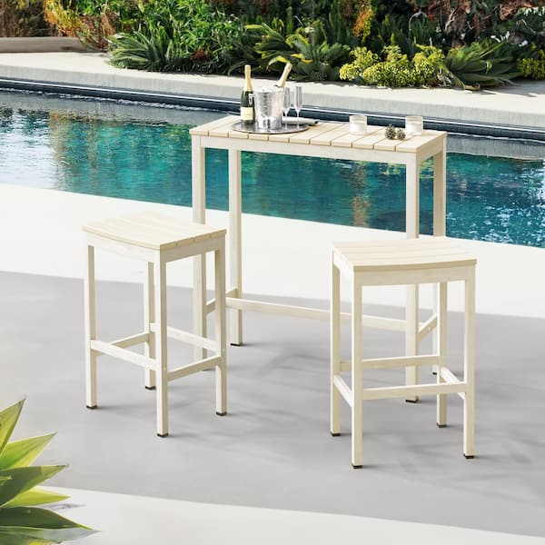 LUE BONA 3-Piece 38 in. Beige Outdoor Dining Table Set Aluminum Outdoor Bar Set HDPS Top With Bar Stools for Balcony