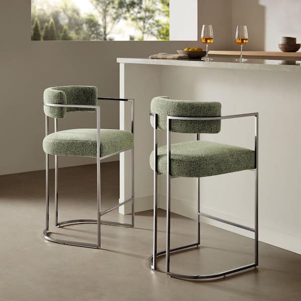 Huron Modern Barrel Counter Stool with Sled Base in Silver Leaf - Fabric Upholstered Curved Back Stool with Metal Frame