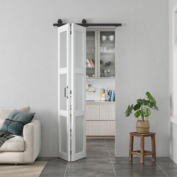 36 in. x 84 in. 3-Lite Frosted Glass PVC Finished White MDF Bi-Fold Sliding Barn Door with Hardware Kit, Top-Mounted