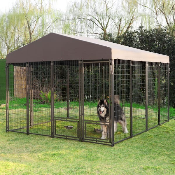 VEIKOUS 10 ft. x 10 ft. Dog Kennel Outdoor Dog Enclosure with Rotating Feeding Door, Stainless Bowls and Upgraded Polyester Roof