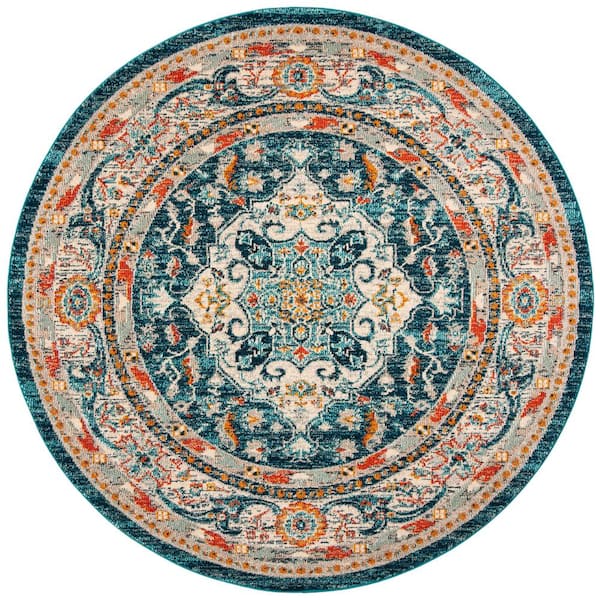 SAFAVIEH Phoenix Ivory/Blue 4 ft. x 4 ft. Border Floral Medallion Persian Round Area Rug