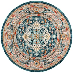 Phoenix Ivory/Blue 5 ft. x 5 ft. Border Floral Medallion Persian Round Area Rug