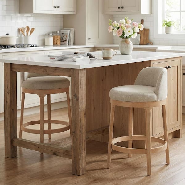 33 in. H Natural Finish Solid Wood Frame Round Counter Stools with Beige Upholstery (Set of 2)
