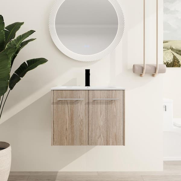 ARTCHIRLY 23.8 in. W x 18.1 in. D x 18.3 in. H Wall-Mounted Bath Vanity in Light Brown with White Resin Vanity Top