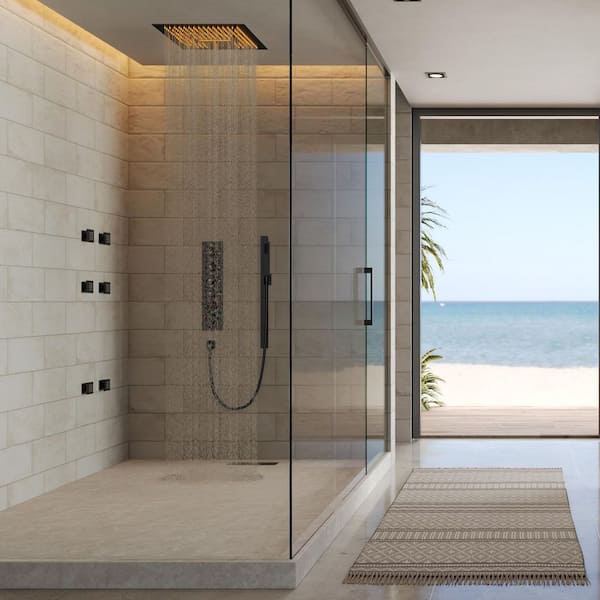 16 in. RGB LED And Temp 6-Jet Shower System 15-Spray with Anti Scald, Thermostatic Valve, Waterfall in Matte Black