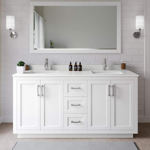 Wyndham Collection Miranda 66 in. W x 22 in. D x 33.75 in. H Double Bath Vanity in White with White Quartz Top and 58 in. Mirror