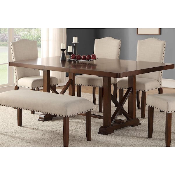 Nessa 6-Piece Wood Top Dining Set with Cherry Upholstered Dining Chairs, Brown Dining Table, Bench, Seats 6