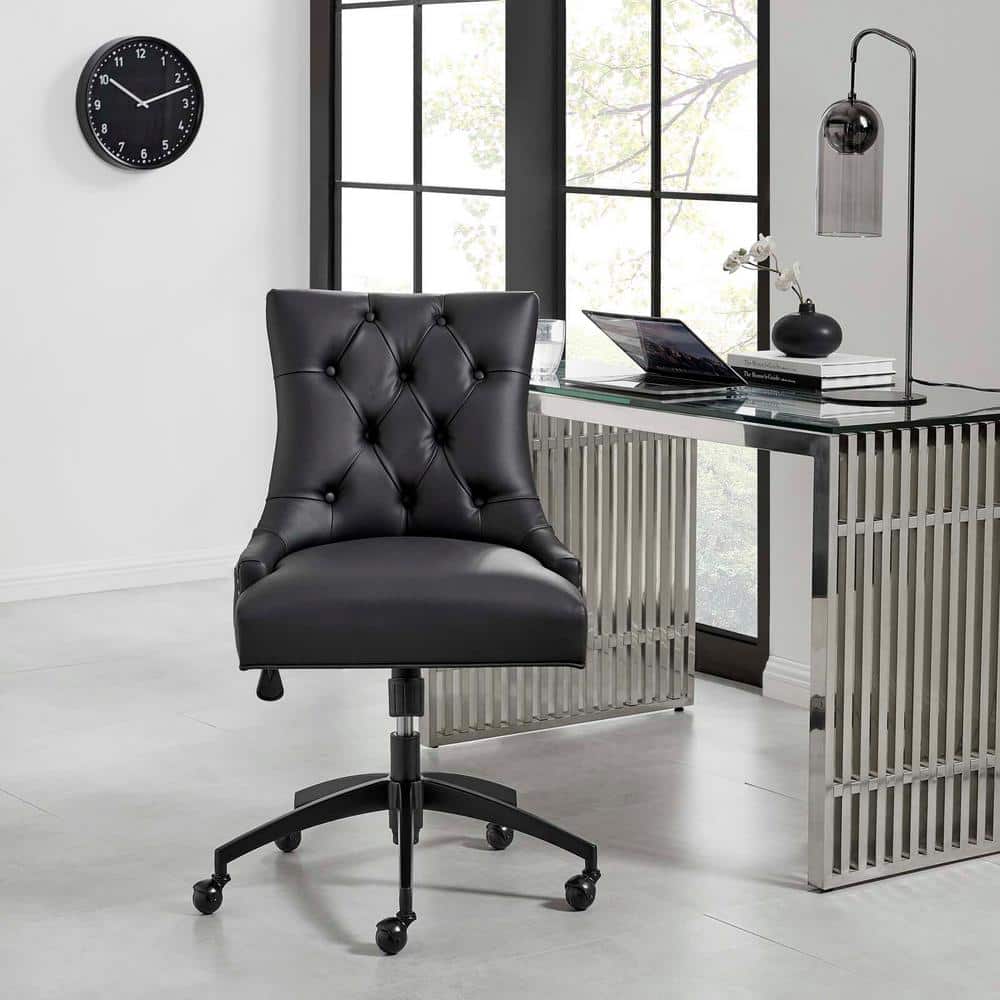 Vintage Glam Deco Black Vegan Leather Swivel Office Chair