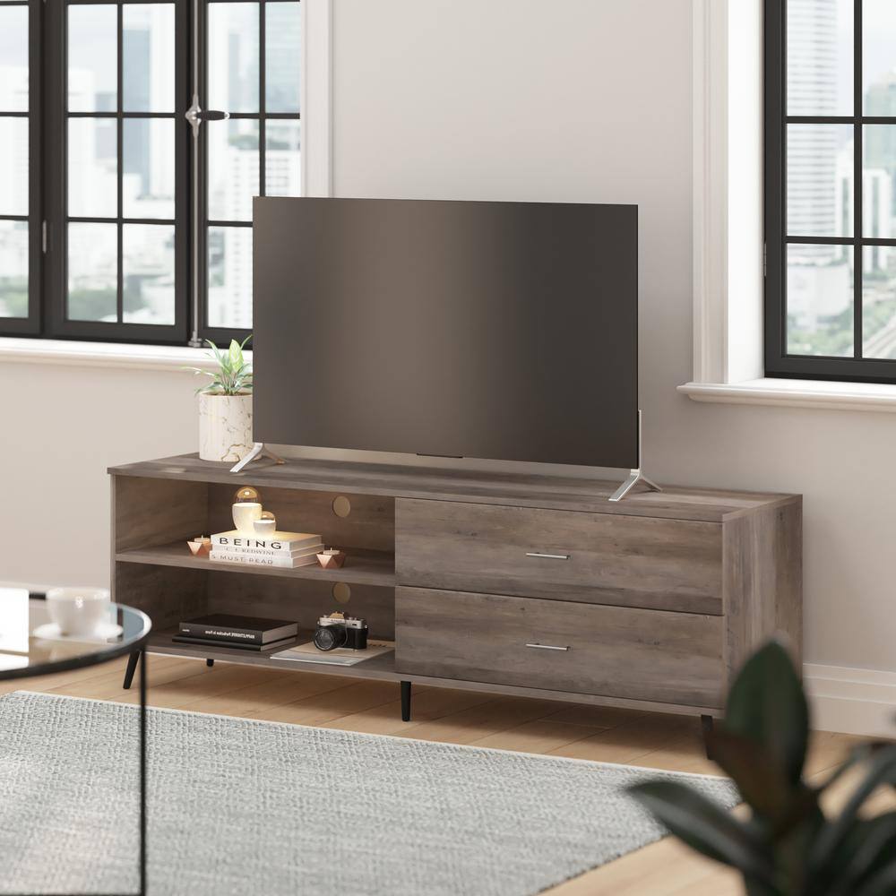 Mid-Century Walnut 65" TV Stand with Adjustable Shelf and Drawers