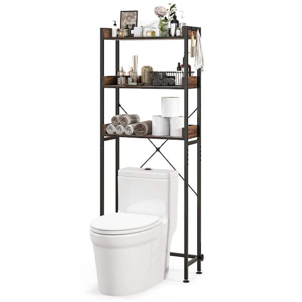 25 in. W x 64.5 in. H x 9.5 in. Metal Rectangular Shelf 3-Tier Over-The-Toilet Space Saver Rack in Brown