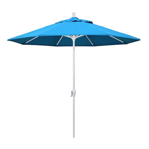 California Umbrella 9 ft. Matted White Aluminum Push Button Tilt Crank Lift Market Patio Umbrella in Canvas Cyan Sunbrella