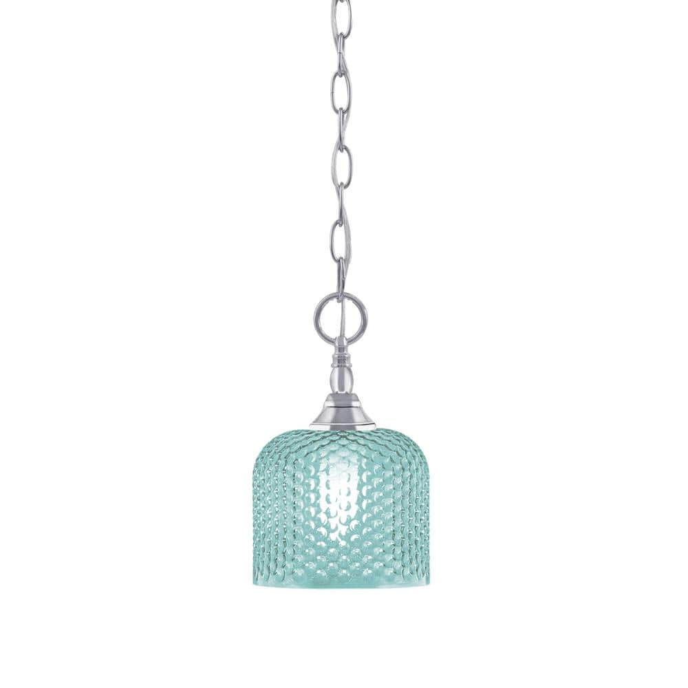 Elva 100-Watt 1-Light Chrome Shaded Pendant Light with 6 in. Turquoise Glas