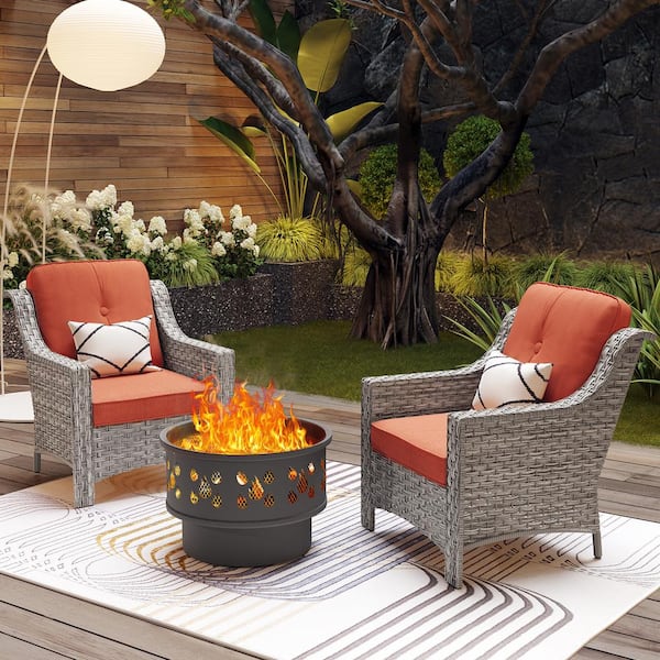 Toject Eureka Gray 3-Piece Wicker Outdoor Patio Conversation Chair Set with a Wood-Burning Fire Pit and Red Cushions