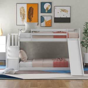 White Low Twin Over Twin Kids Bunk Bed with Staircases, Wood Floor Twin Bunk Bed Frame with Storage Stairway and Slide