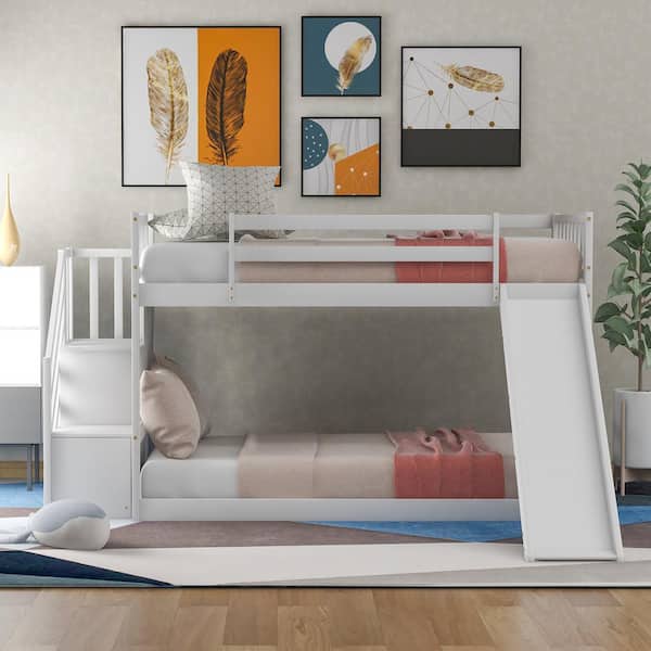 White Low Twin Over Twin Kids Bunk Bed with Staircases, Wood Floor Twin Bunk Bed Frame with Storage Stairway and Slide