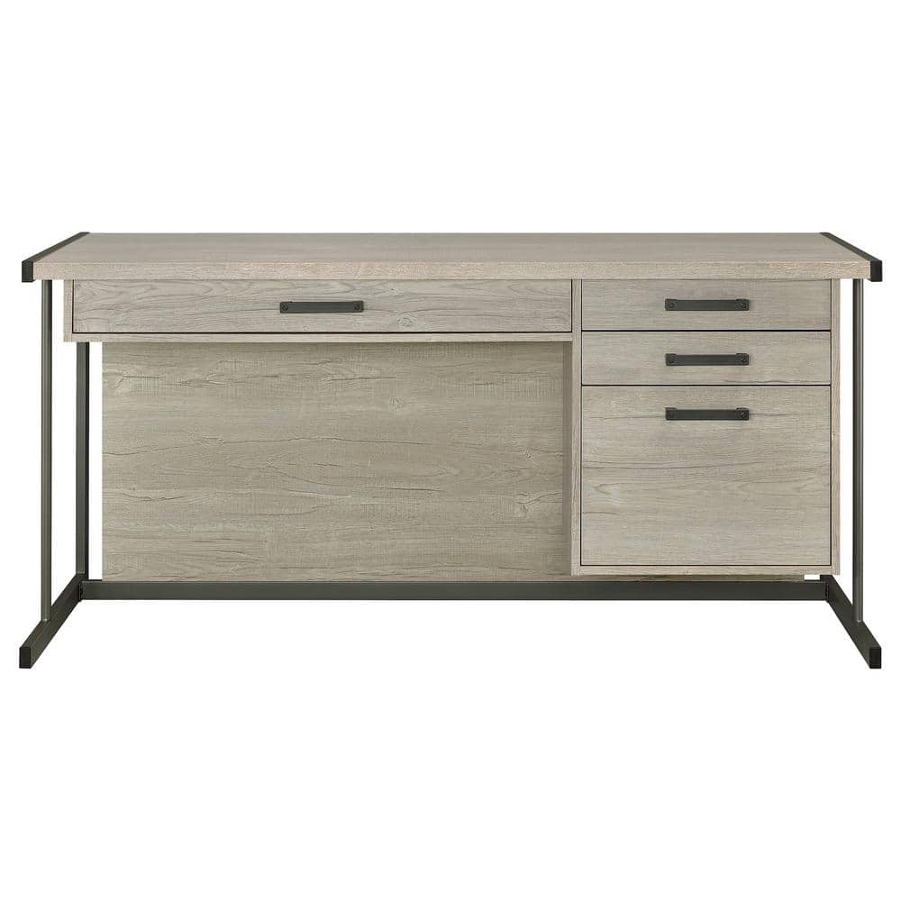 Whitewashed Gray Wood Office Desk with Filing Cabinet