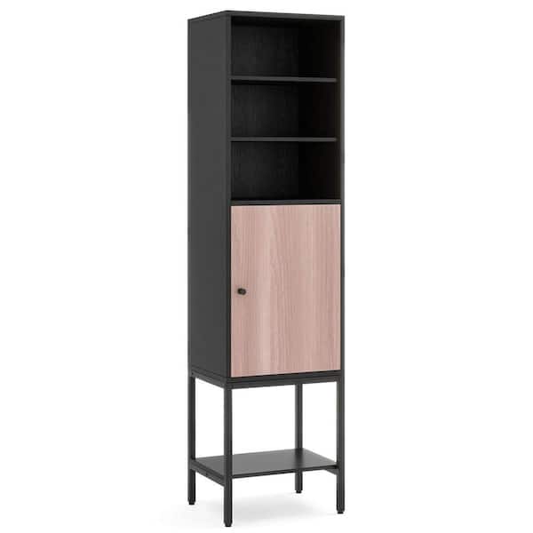 15 in. W x 12 in. D x 57 in. H Black Wood Free-Standing Bathroom Linen Cabinet with 1 Door and 4 Shelves